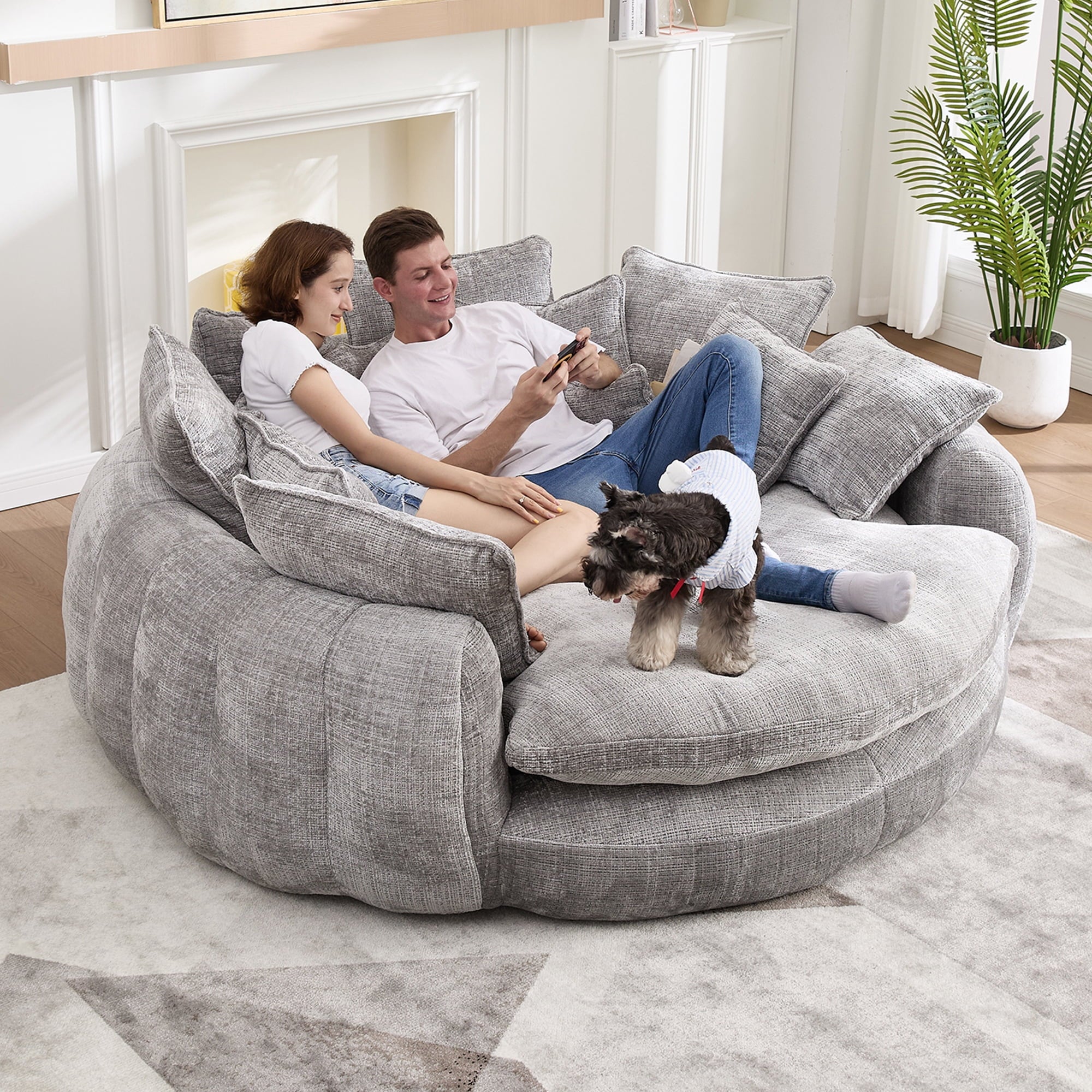  81" Oversized Round Chaise Lounge Sofa Bed, Modern Chenille Cloud Couch with Deep Seat, 14 Pillows, Assemble-Free, Light Gray