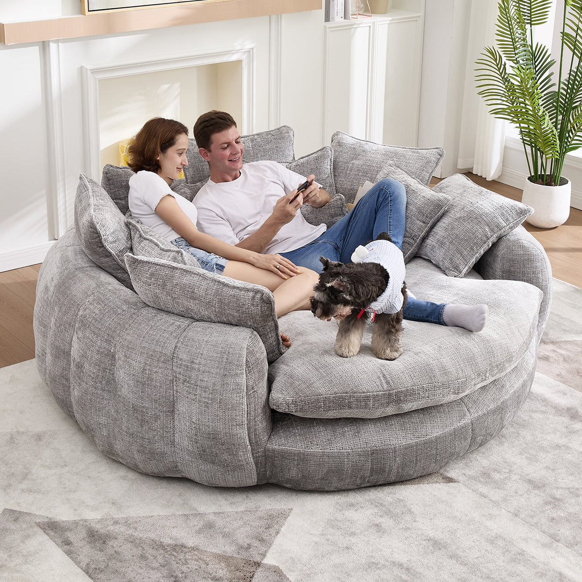  81" Oversized Round Chaise Lounge Sofa Bed, Modern Chenille Cloud Couch with Deep Seat, 14 Pillows, Assemble-Free, Light Gray