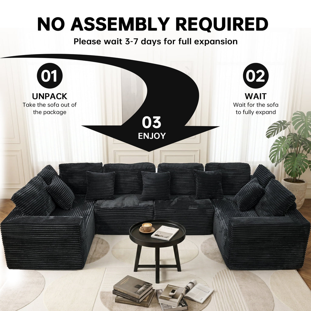  138.5" Sectional U Shaped Couch,Black Sectional Cloud Boneless Sofa For Living Room,Plush Corduroy Couches With Deep Seat Chaise Lounge,No Assembly Required