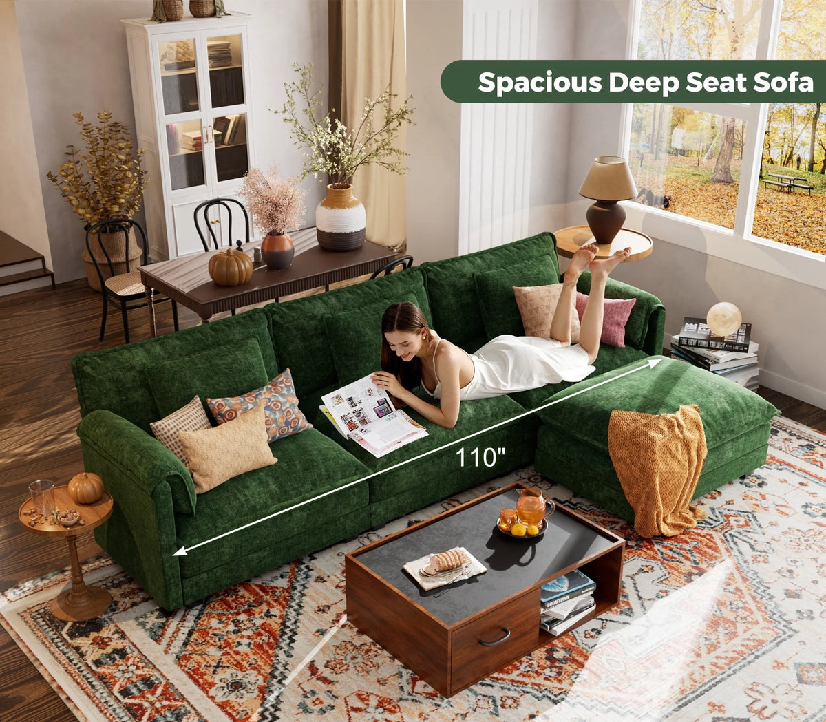 CDCASA 113" Modular Sectional Sofa with Movable Ottoman, 4-Seat Large L Shaped Couch with Deep Seat, Comfy Chenille Sectionals for Living Room, Green
