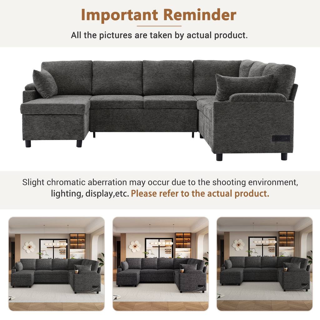 109.9" Sectional Sofa Versatile Sofa Bed Sleeper U-shaped with Storage,Two Cup Holders and Charging Ports for Living Room,Grey