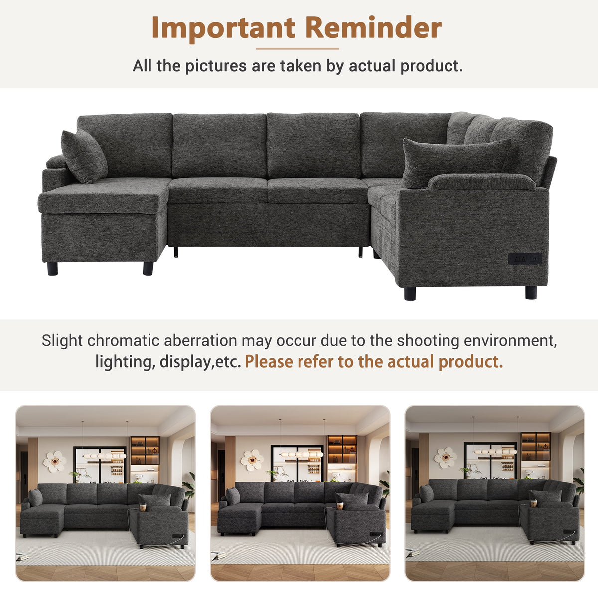 109.9" Sectional Sofa Versatile Sofa Bed Sleeper U-shaped with Storage,Two Cup Holders and Charging Ports for Living Room,Grey