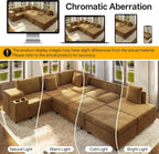 Sectional Sleeper Sofa with Pull Out Bed,110" L-Shaped Modular 6-Seater Cloud Sectional Couch,Convertible Corduroy Sofa for Living Room,Ottoman with USB Charging Ports & Cup Holders,Camel