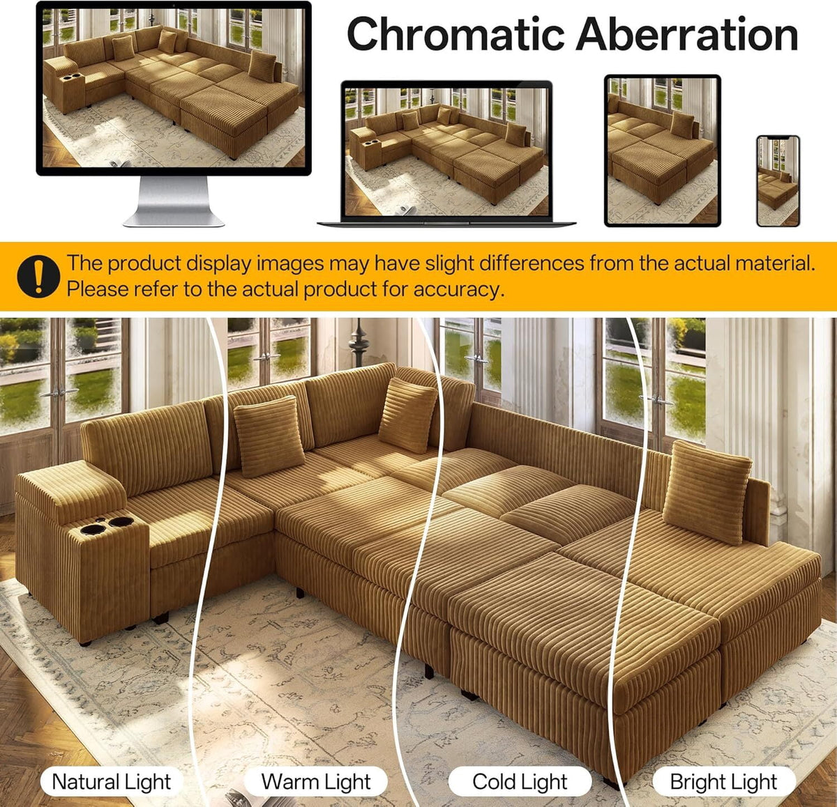 Sectional Sleeper Sofa with Pull Out Bed,110" L-Shaped Modular 6-Seater Cloud Sectional Couch,Convertible Corduroy Sofa for Living Room,Ottoman with USB Charging Ports & Cup Holders,Camel