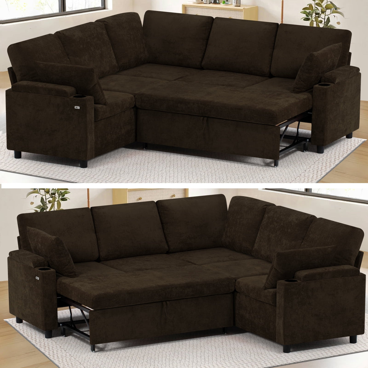 ACMEASE 85" Chenille Reversible Sectional Sofa w/Pull Out Bed, Upholstery L-Shaped Couch w/Storage Armrests & Cup Holders, Modern Corner Sofa w/USB Charging Port & Throw Pillow for Living Room, Brown