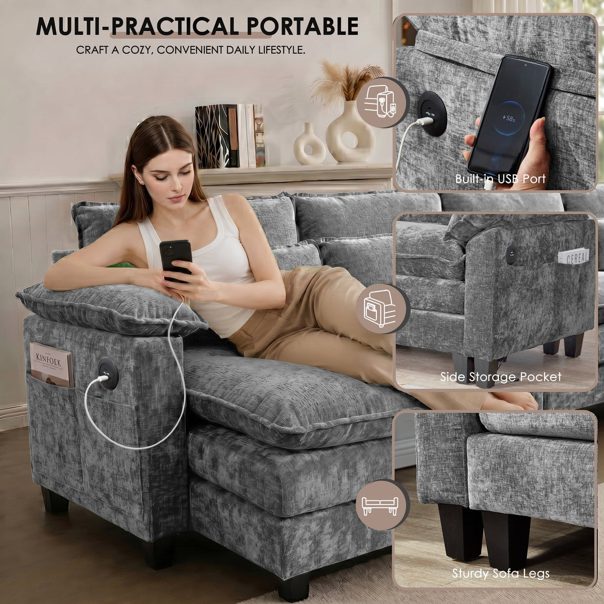 UBERLYFE 157" U Shaped Cloud Modular Sectional Sofa, Double Chaise with USB Charging, Hidden Storage & Cup Holders, Living Room Furniture, Gray