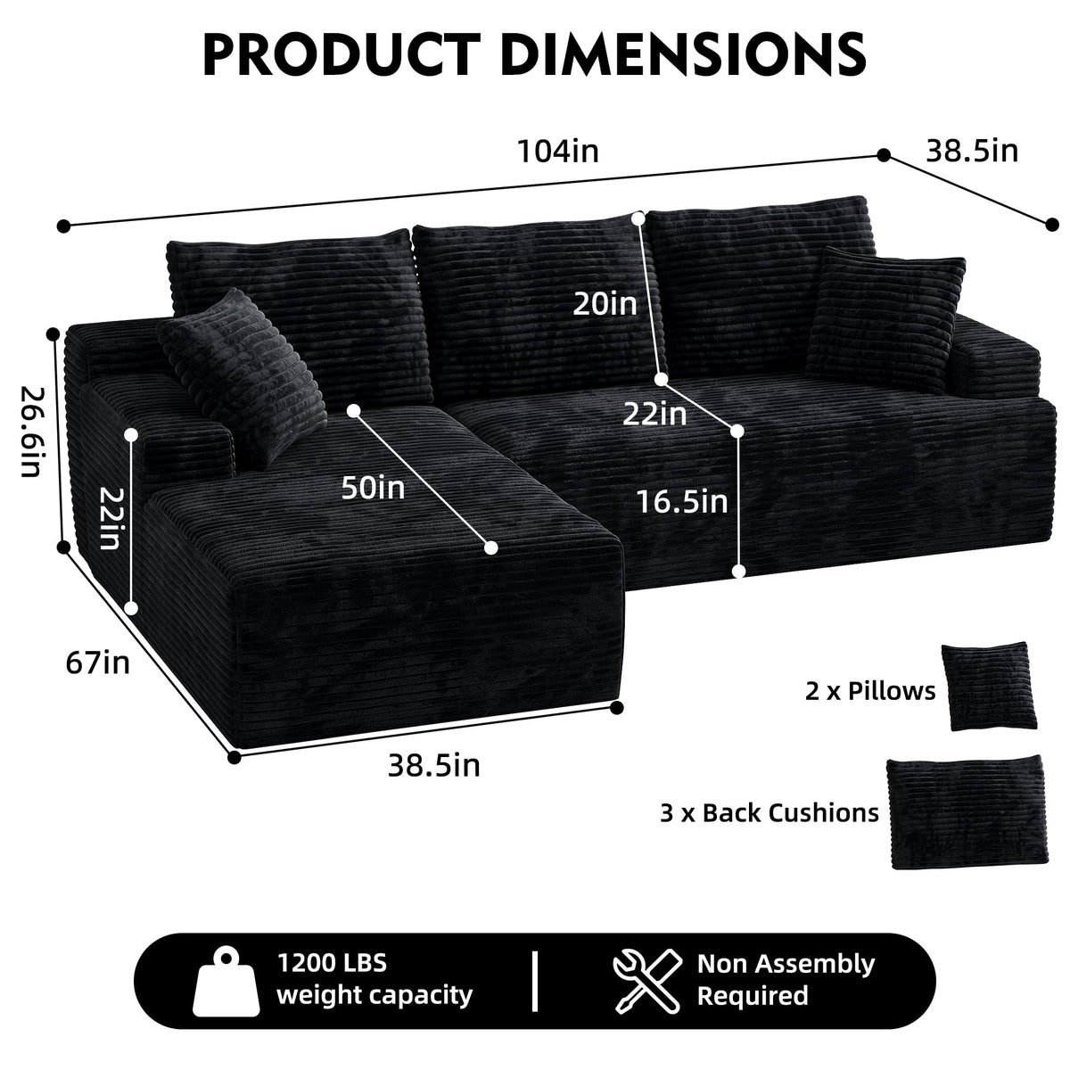 104 Modular L-Shaped Sectional Sofa with Chaise - No Assembly Required Boneless Corduroy Couch, High Resilience Foam, Deep Black