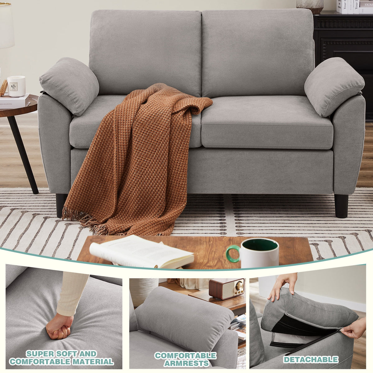  Chireca 4 Piece Convertible Sectional Sofa Set, Modern Linen Small L Shaped Couch with Reversible Chaise, 3-Seater Sofa & Loveseat & Armchair for Living Room, Office, Apartment, Lightgrey