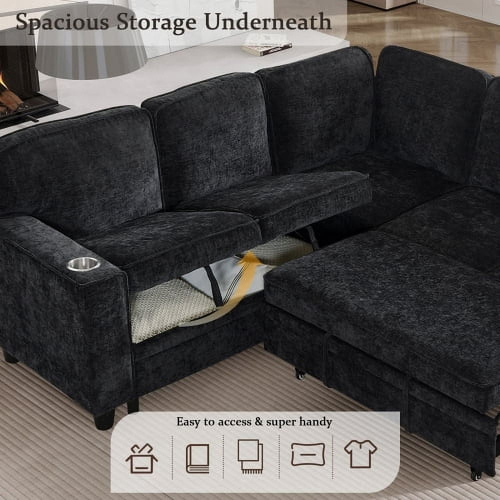  L-Shaped Sofa with Pull Out Sofa Bed, Sleeper Sofa Couch Bed with Storage Seat, 5 Seat Sectional Sofa Bed with USB, Sectional Sofa Couch for Living Room, Apartment,Black