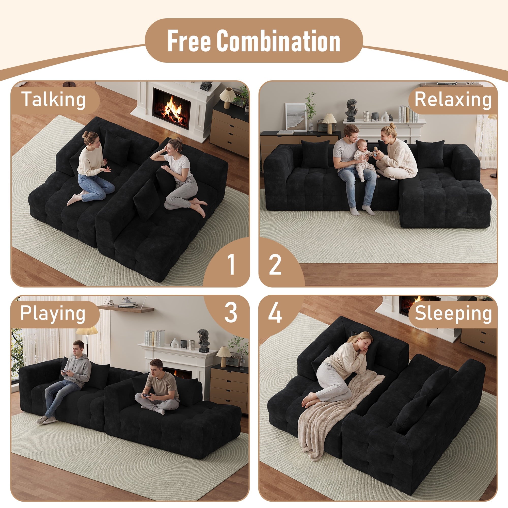 Wiilayok 120" Boneless Oversized Cloud Couch, Right Facing L-Shaped Chenille Sectional Sofa with Chaise Lounge, Deep Seat Upholstered Living Room Sofa with 4 Pillows, No Assembly, Black