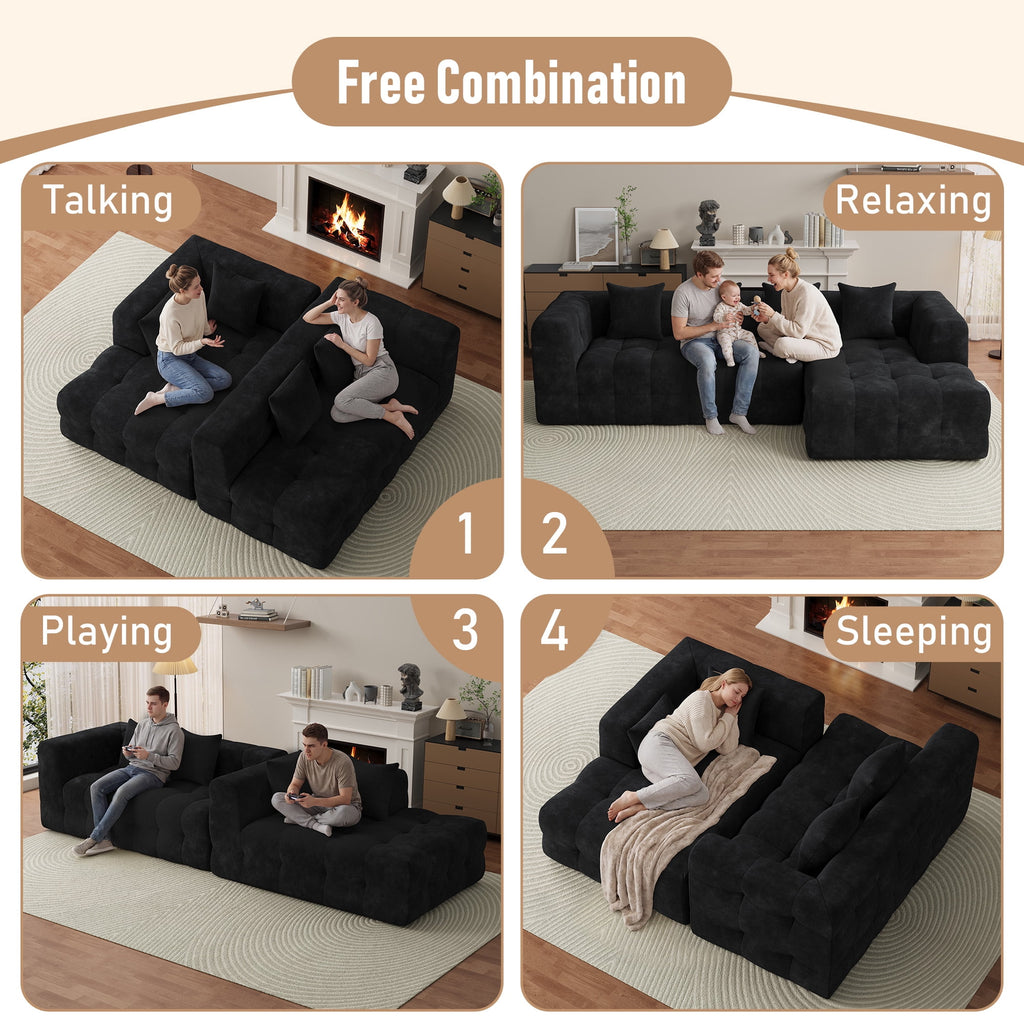 Wiilayok 120" Boneless Oversized Cloud Couch, Right Facing L-Shaped Chenille Sectional Sofa with Chaise Lounge, Deep Seat Upholstered Living Room Sofa with 4 Pillows, No Assembly, Black