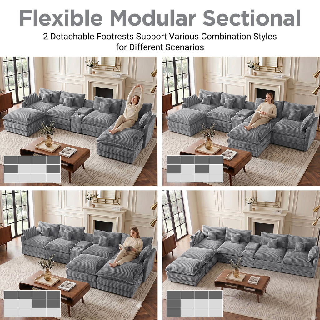 HUACANORA Contemporary Corduroy 6-Seat and Oversized U-Shaped Modular Sectional Cloud Couch with Hidden Storage Console and Cup Holders, Light Gray