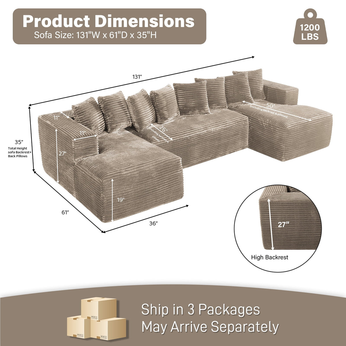 Wiilayok 131" U Shaped Sectional Sofa with Deep Seat Chaise,Corduroy Modular Cloud Sofa Couch for Living Room,4 Seat,Light Camel