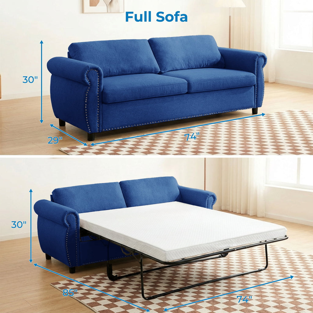 Mjkone Full Size Convertible Pull Out Sleeper Sofa Bed with Mattress for Living Room, Apartment or Office,Blue