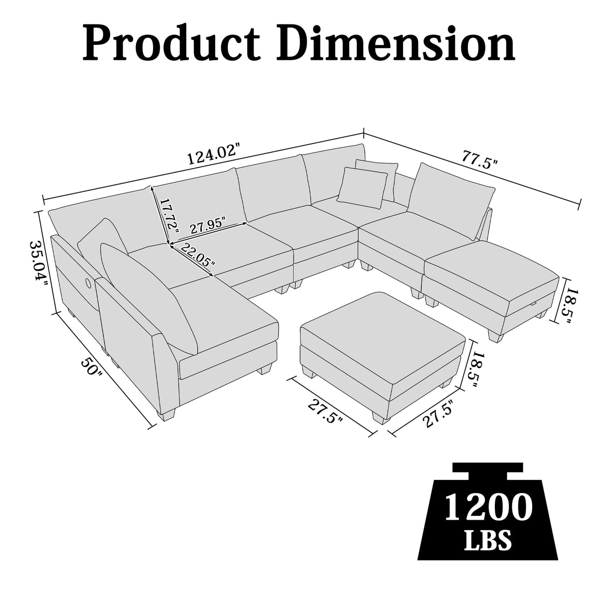 124" Modern Cloud Modular Sectional Sofa, 8-Seater U-Shaped Chenille Couch with Storage Ottoman and USB Charging Ports for Living Room