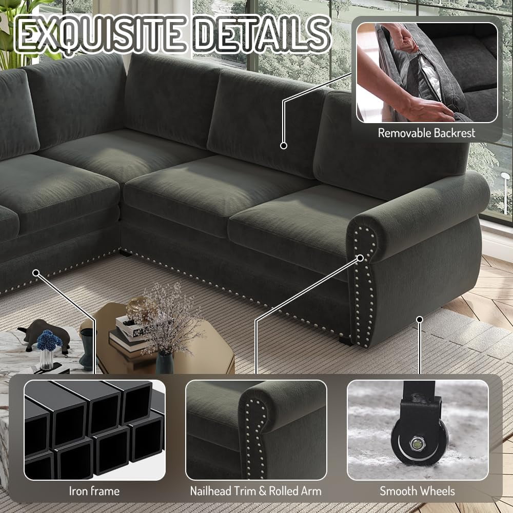 118'' Pull Out Couch, Convertible Sleeper Sofa Bed, Upholstered Sectional Sofa, Chenille L-Shaped Couch with Nailhead Trim, Modern Sectional Couches for Living Room, Apartment, Dark Grey