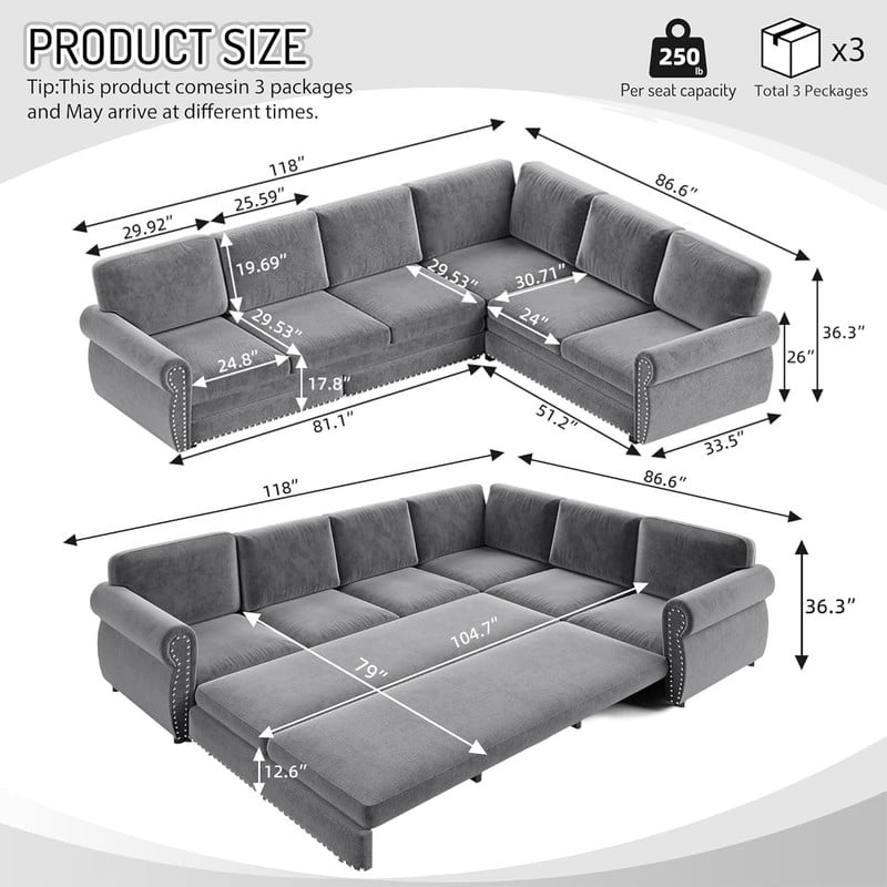 118" L-Shaped Convertible Sleeper Couch Bed, Chenille Upholstered Sectional Sofa with Pull-Out Sofa Bed, Modern Chesterfield Sofa for Living Room