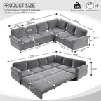 118" L-Shaped Convertible Sleeper Couch Bed, Chenille Upholstered Sectional Sofa with Pull-Out Sofa Bed, Modern Chesterfield Sofa for Living Room