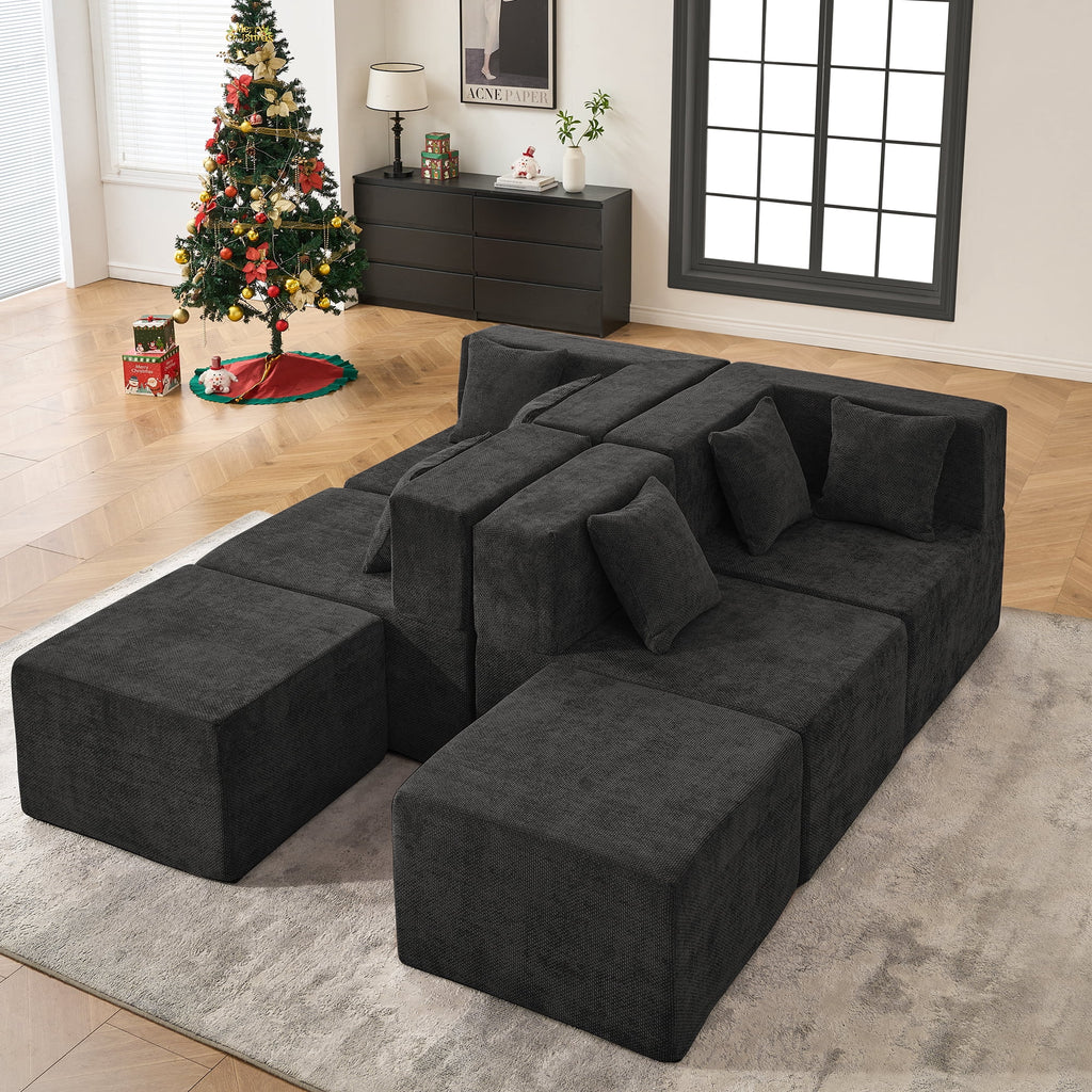  130" 6-Piece Modular Sectional Sofa with 2 Movable Ottomans, U-Shaped Cloud Couch for Living Room, Modern Chenille Deep Seat Sofa Set, Flexible Oversized Sleeper Couches, Black