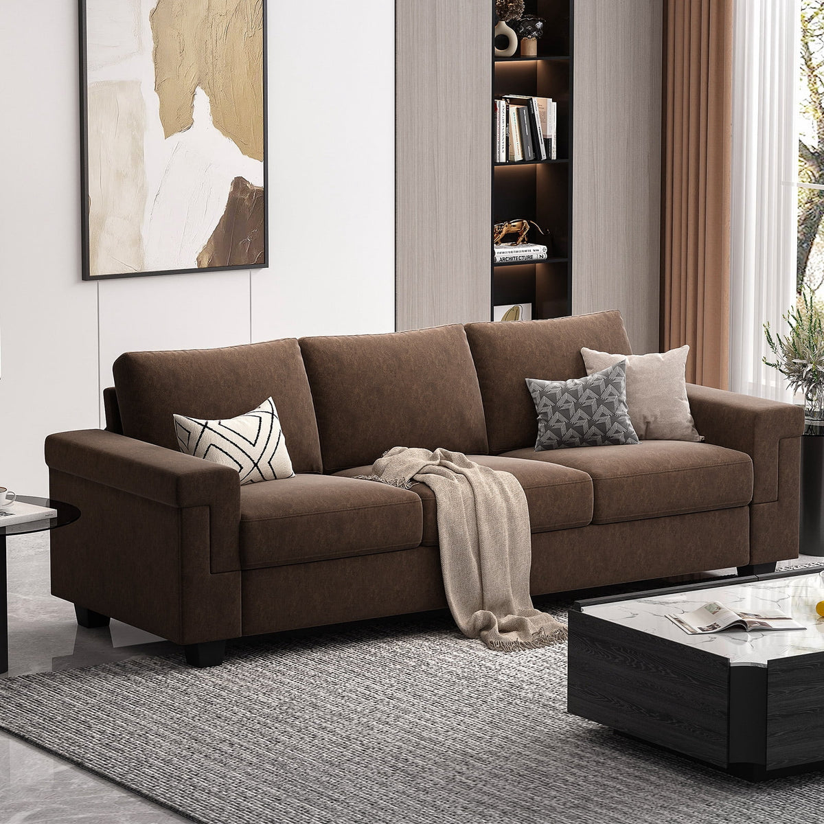BLAZANT 90 Inch Sofa Couch, 3 Seater Couches with Deep Seats, Modern 3-Seat Sofa for Living Room Apartment Lounge, Detachable Sofa Cover, Brown