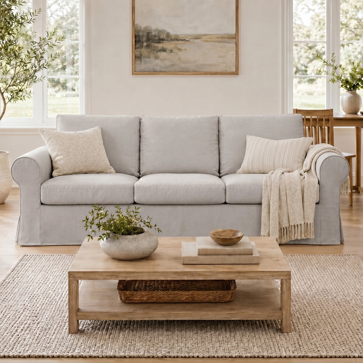 Vorthio Life 89" Farmhouse 3-Seater Sofa, Deep Seat Couch with High Back Support, Washable Removable Cover, Rolled Arms, Gray
