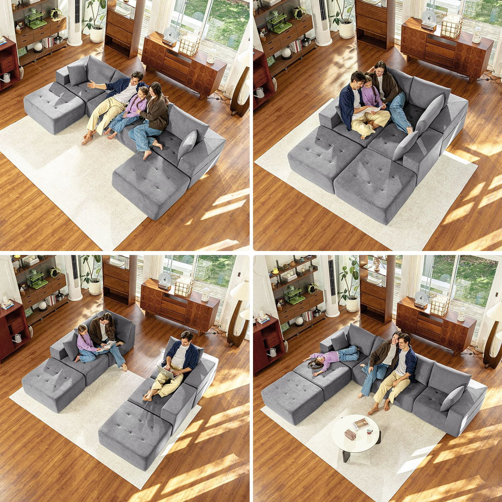  Modular Sectional Boneless Couch, Chenille Tufted Sectional Couches for Living Room, No Assembly U Shape Cloud Sofa with Throw Pillows & Storage Side Pocket (Gray)