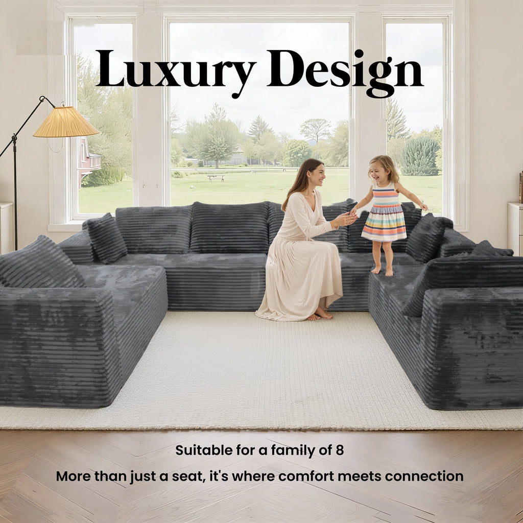 Kelyda 139'' U Shaped Sectional Couches, Modern Modular Boneless 8 Seater Large Foam Cloud Sofa Dark Grey
