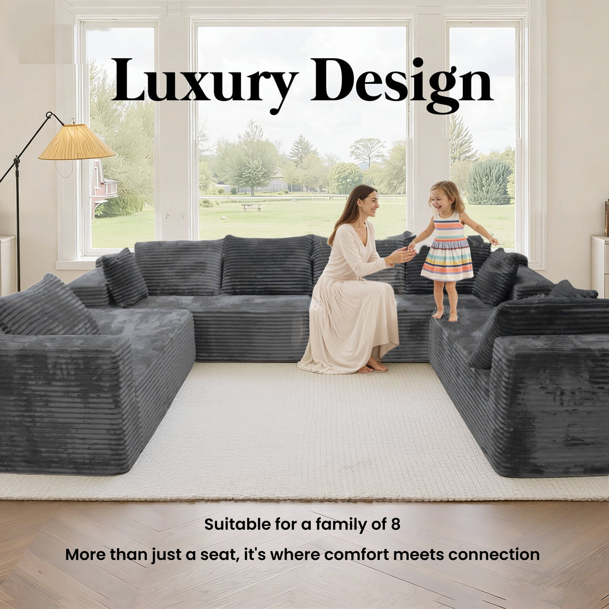 Kelyda 139'' U Shaped Sectional Couches, Modern Modular Boneless 8 Seater Large Foam Cloud Sofa Dark Grey
