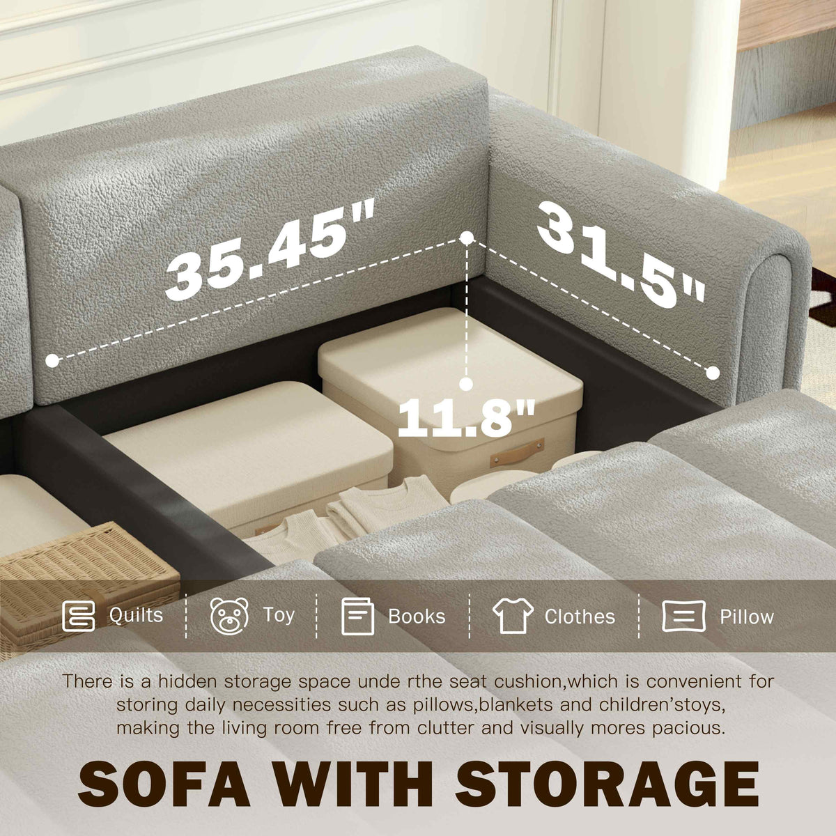 FFH 90.2" Pull Out Sofa Bed with Storage, 3-in-1 Convertible Sleeper Sofa King Size, Modern 4-Seater Teddy Couch for Living Room, Gray