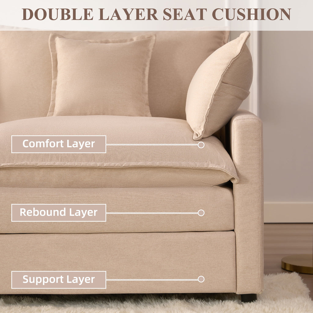  3-Seat Sectional Sofa Couch, Cloud-Style Deep Seating Sleeper Sofa with Included Throw Pillows, Linen Upholstery, Modern Living Room Sofa, Cream White