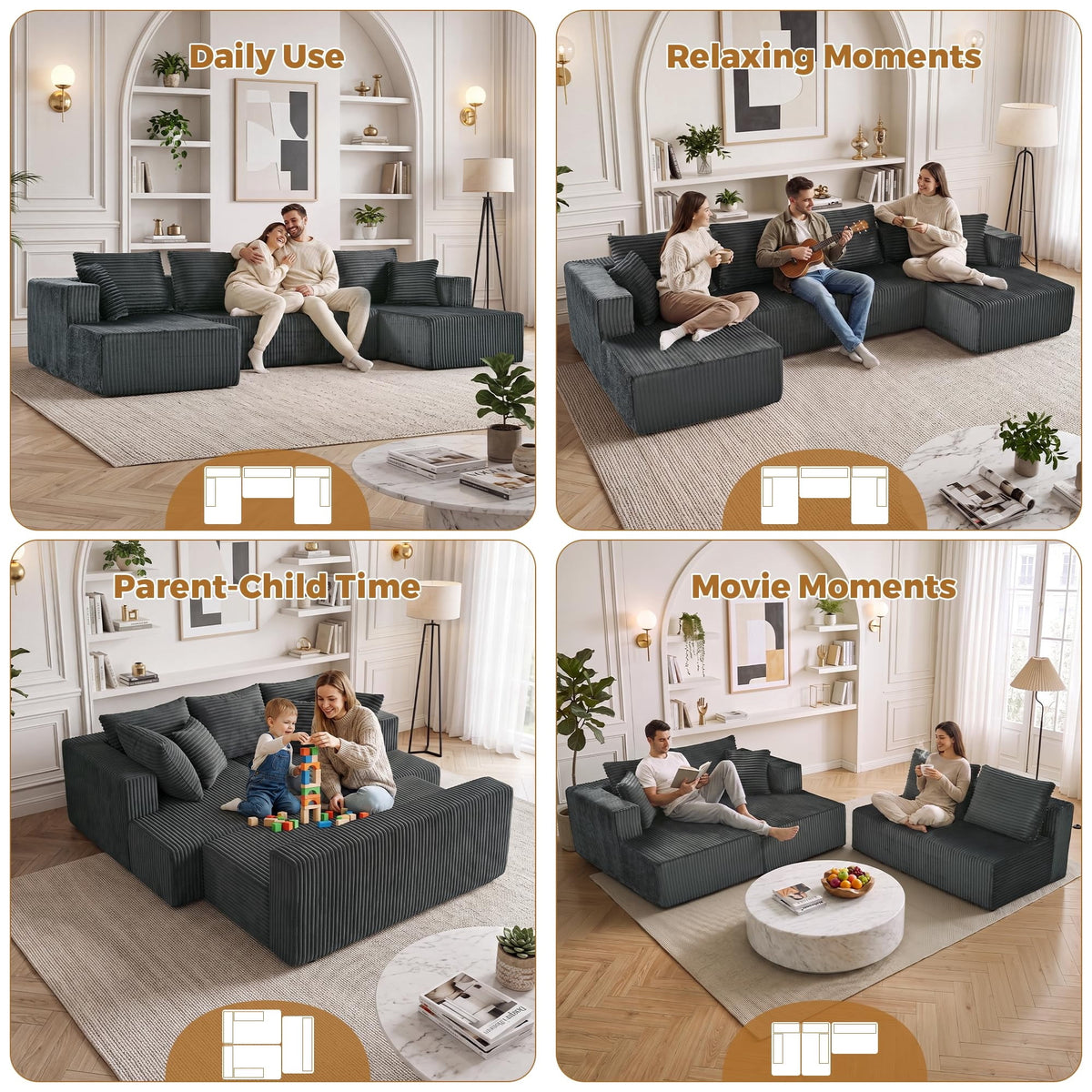  132" U Shape Cloud Sectional Sofa Oversized Modular Boneless Couch, Double Chaise Corduroy Sofa for Living Room, Dark Gray
