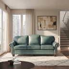 Genuine Leather 3 Seater Sofa with Rolled Arms Nailhead Trims Solid Wooden Legs Living Room Reading Sage