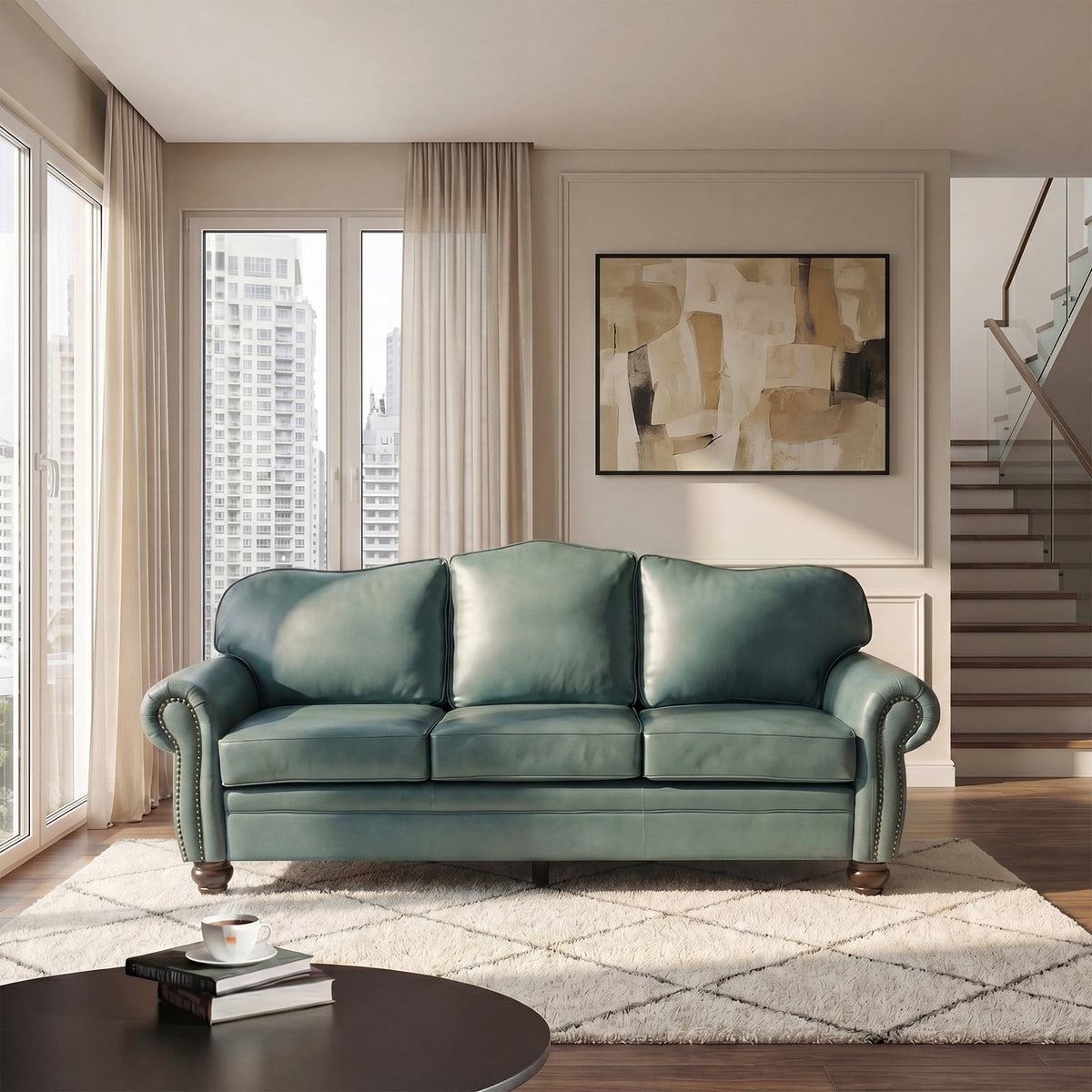 Genuine Leather 3 Seater Sofa with Rolled Arms Nailhead Trims Solid Wooden Legs Living Room Reading Sage