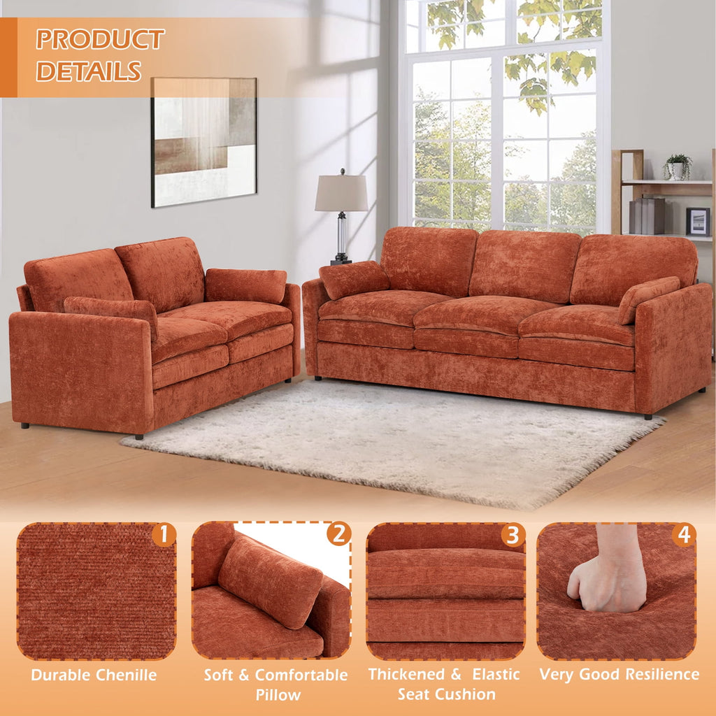 FamiTOP Chenille 69? Love Seat & 89? 3-Seat Sofa w/Thick Seat & Backrest Cushions, Modern Couch Set with Soft Pillows, Upholstered 3 Seat & 2 Seat Sofa w/Sturdy Frame for Office, Living Room, Orange
