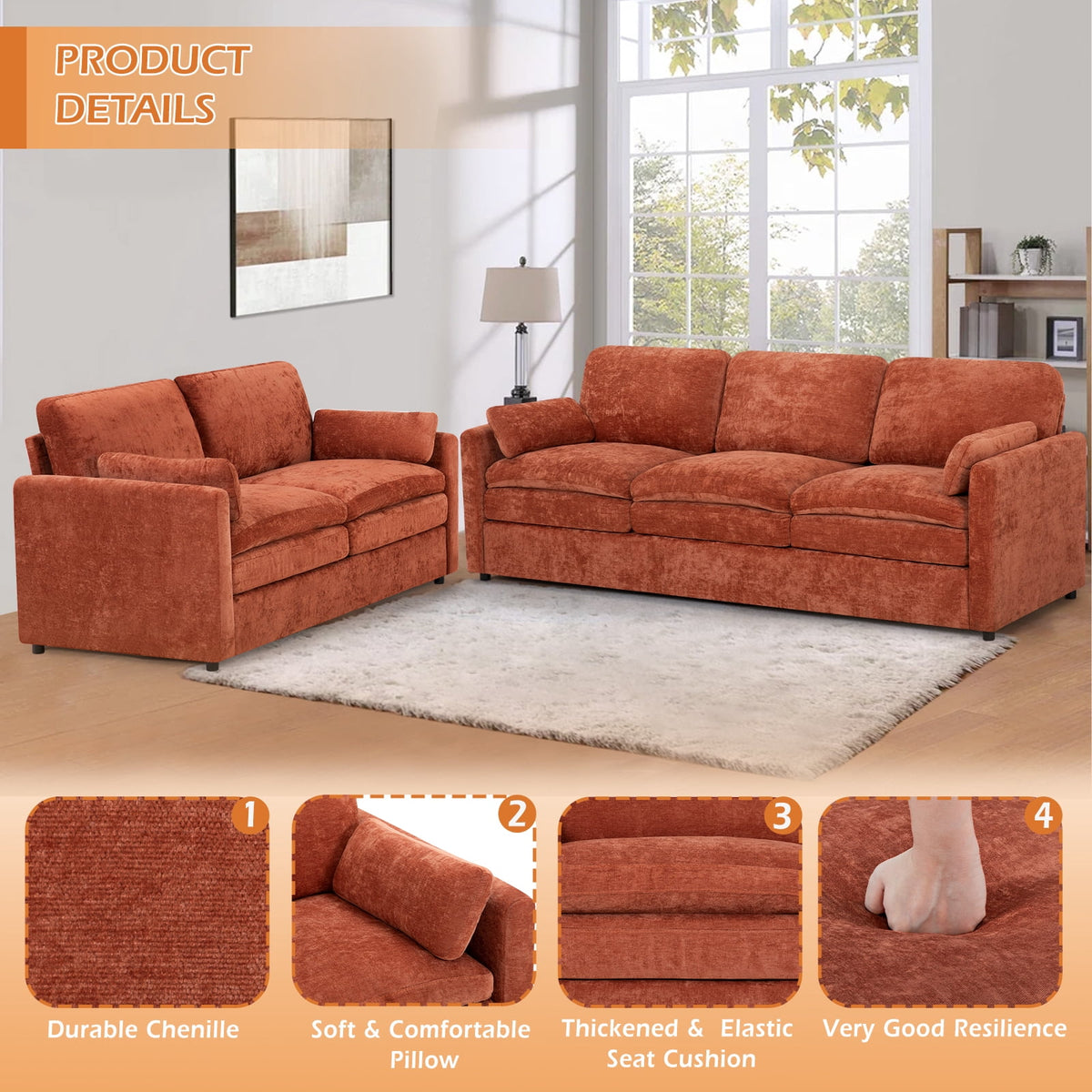 FamiTOP Chenille 69? Love Seat & 89? 3-Seat Sofa w/Thick Seat & Backrest Cushions, Modern Couch Set with Soft Pillows, Upholstered 3 Seat & 2 Seat Sofa w/Sturdy Frame for Office, Living Room, Orange