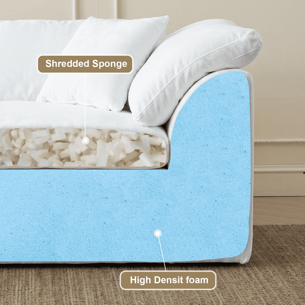 Boneless Modular Sectional Cloud Couch, Compressed Sofa in a Box with Deep Seat & Oversized Chaise, L-Shaped Chenille Sofa for Living Room(White)