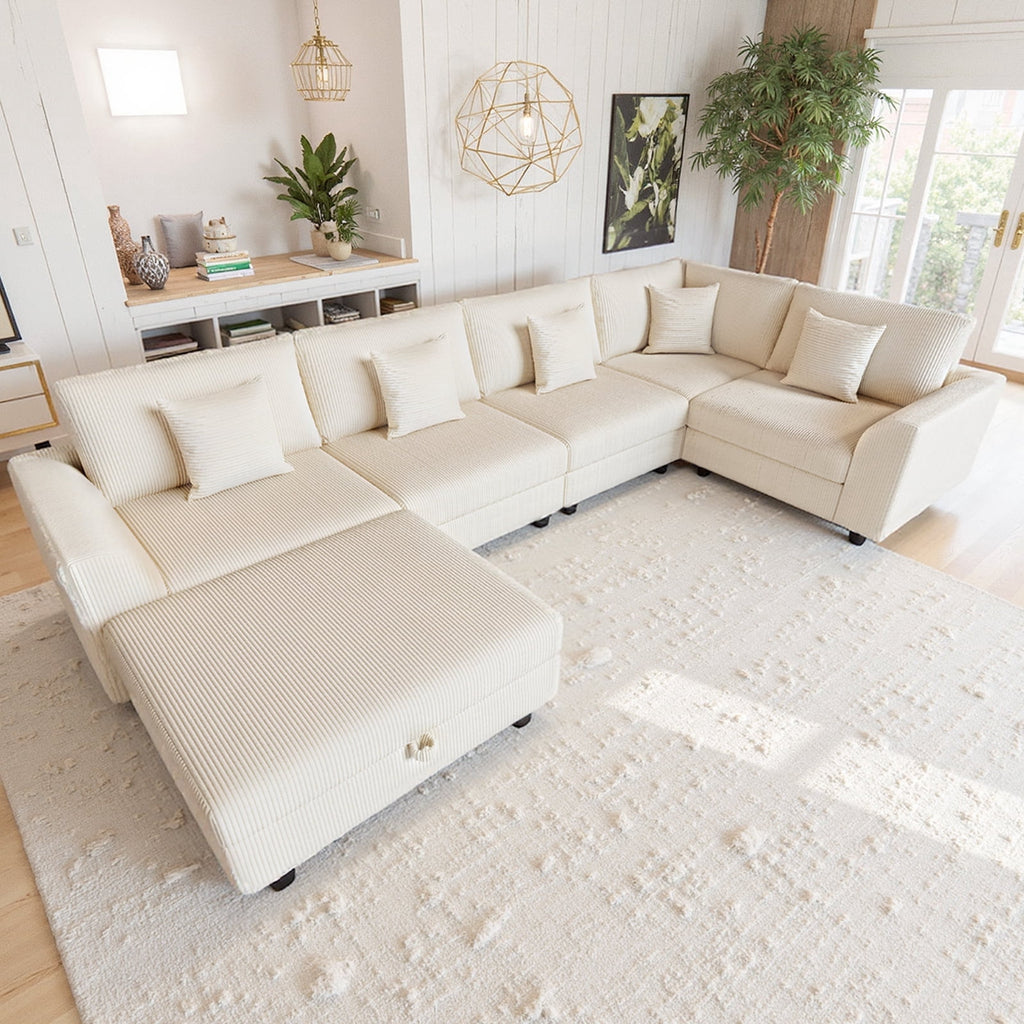 Advwin 146" Oversized Corduroy Modular Sectional Sofa, 6-Seat Convertible Sleeper Sofa with Ottoman & 5 Pillows, Modern L-Shaped Lounge Couch for Living Rooms, Beige