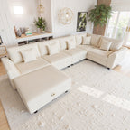Advwin 146" Oversized Corduroy Modular Sectional Sofa, 6-Seat Convertible Sleeper Sofa with Ottoman & 5 Pillows, Modern L-Shaped Lounge Couch for Living Rooms, Beige