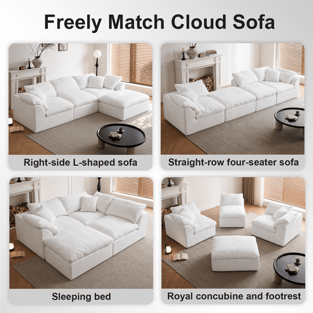 Boneless Modular Sectional Cloud Couch, Compressed Sofa in a Box with Deep Seat & Oversized Chaise, L-Shaped Chenille Sofa for Living Room(White)