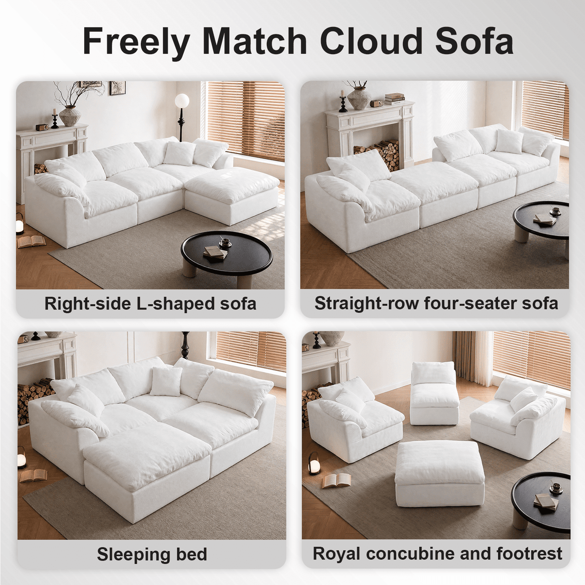 Boneless Modular Sectional Cloud Couch, Compressed Sofa in a Box with Deep Seat & Oversized Chaise, L-Shaped Chenille Sofa for Living Room(White)