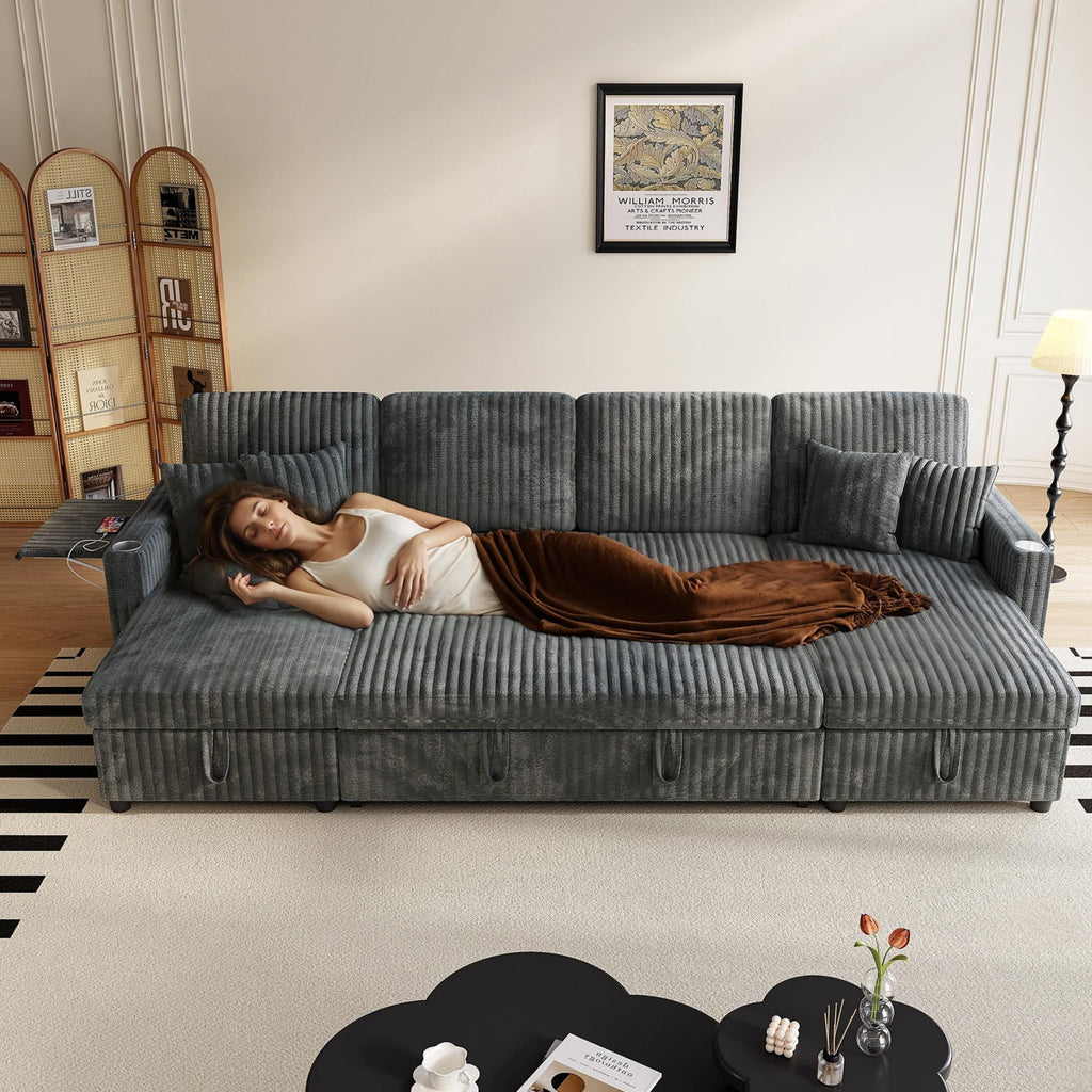 Sleeper Sectional Sofa, Modern 110" U Shaped Couch with Pull Out Bed, Convertible Corduroy Cloud Sofa with Double Storage Chaise, USB, Small Desktop, Comfy Modular Couch for Living Room,Dark Grey