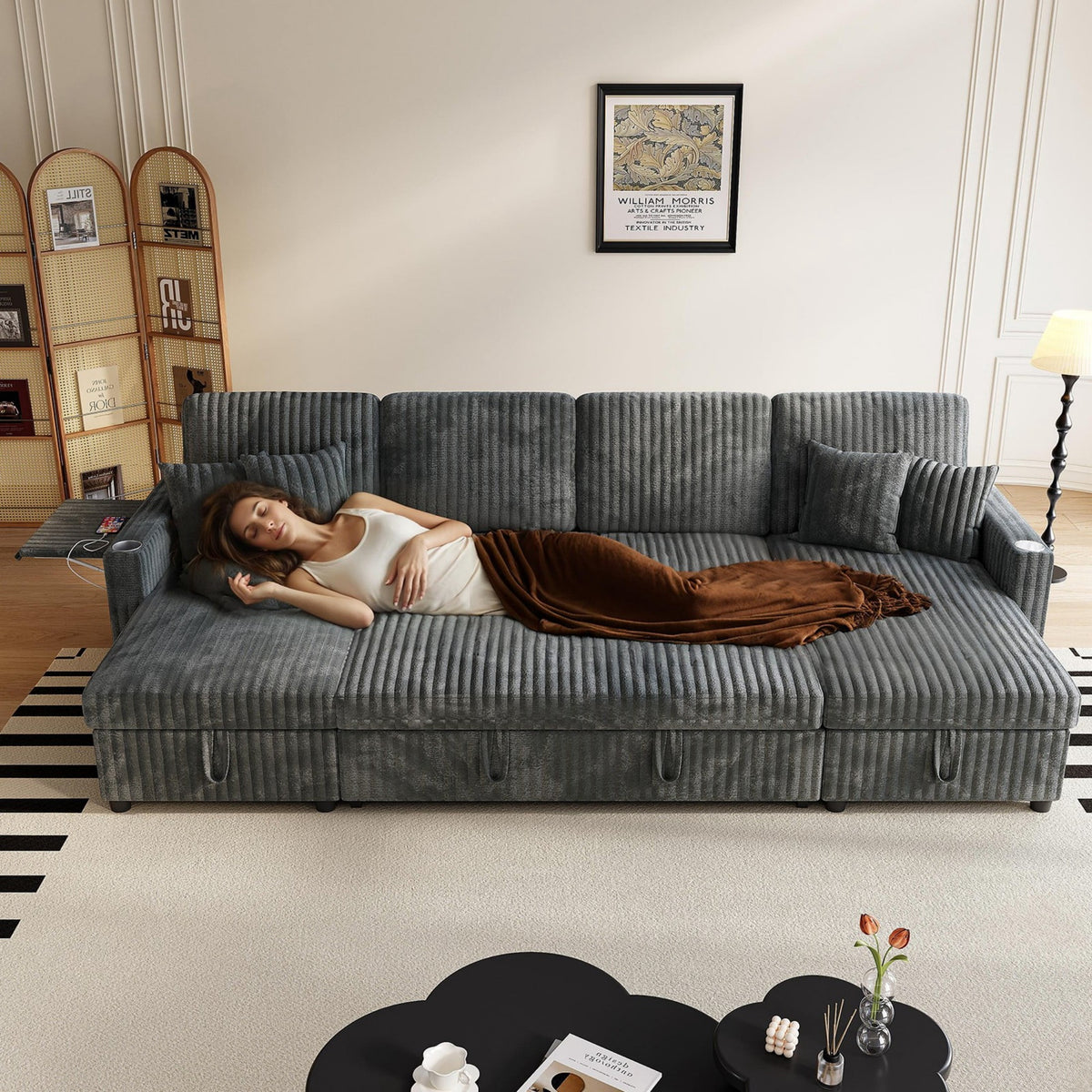 Sleeper Sectional Sofa, Modern 110" U Shaped Couch with Pull Out Bed, Convertible Corduroy Cloud Sofa with Double Storage Chaise, USB, Small Desktop, Comfy Modular Couch for Living Room,Dark Grey
