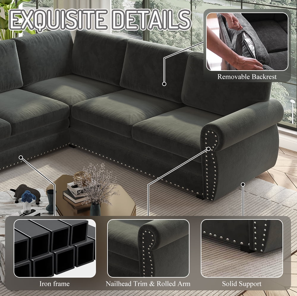  Sectional Sofa, Pull Out Sofa Bed King Size, 6 Seat Chenille Sofa Couch Convertible Sleeper Sofa Bed for Living Room Dark Gray