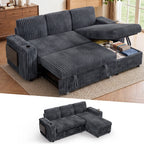85" Modular Sectional Sleeper Sofa with Pull Out Bed, 3 Seat Plush L Shaped Couch with Storage Chaise|USB Ports|Cup Holders|Side Table|Storage Armrests, Tool Free Assembly, Corduroy Fabric Dark Gray