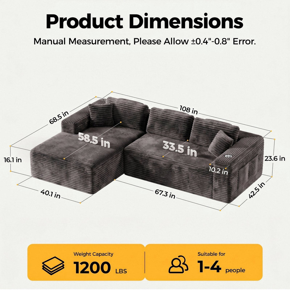 Amsleekey 108" Oversized Modular Sectional Sofa, L-Shape Corduroy Cloud Couch, Modern Sleeper Couches for Living Room with 4 Storage Pockets & Tray, No Assembly Required, Grey (Left Facing Chaise)