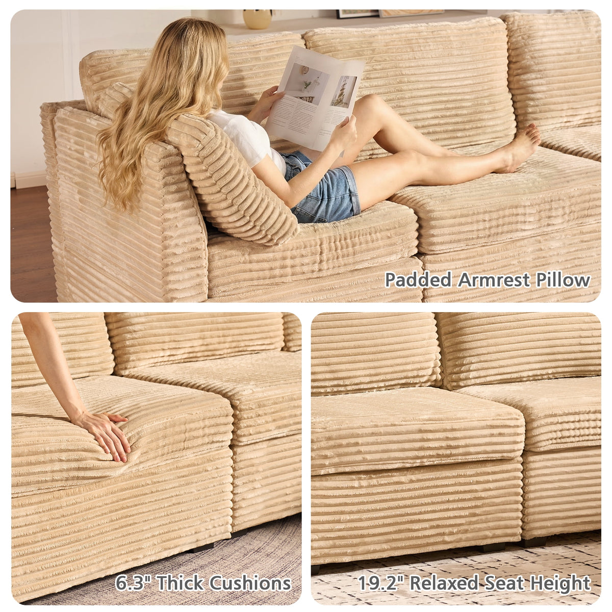  95" Modular Sectional Sofa Deep Seat L-Shaped Cloud Corduroy Couch for Living Room, 5 Seat, Beige