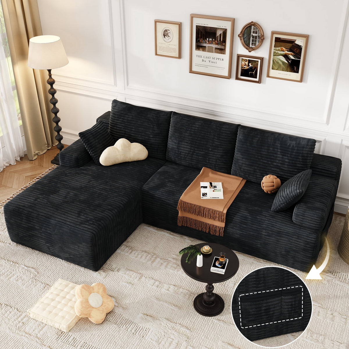 104 Modular L-Shaped Sectional Sofa with Chaise - No Assembly Required Boneless Corduroy Couch, High Resilience Foam, Deep Black