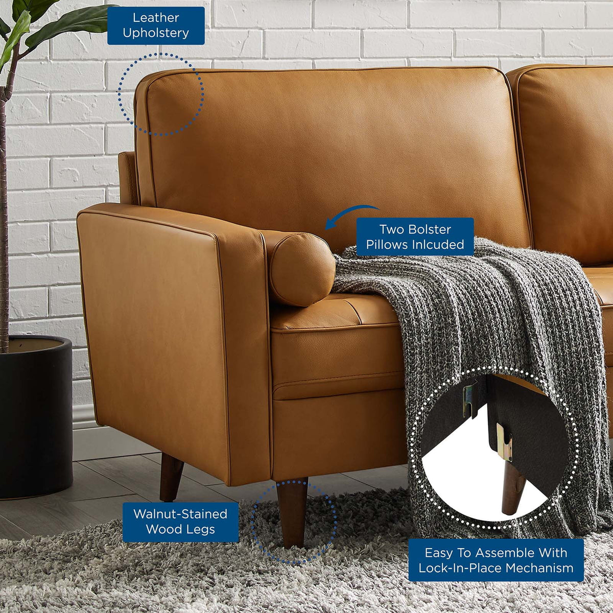 Modway Valour 73" Modern Top Grain Leather Upholstered Sofa in Tan