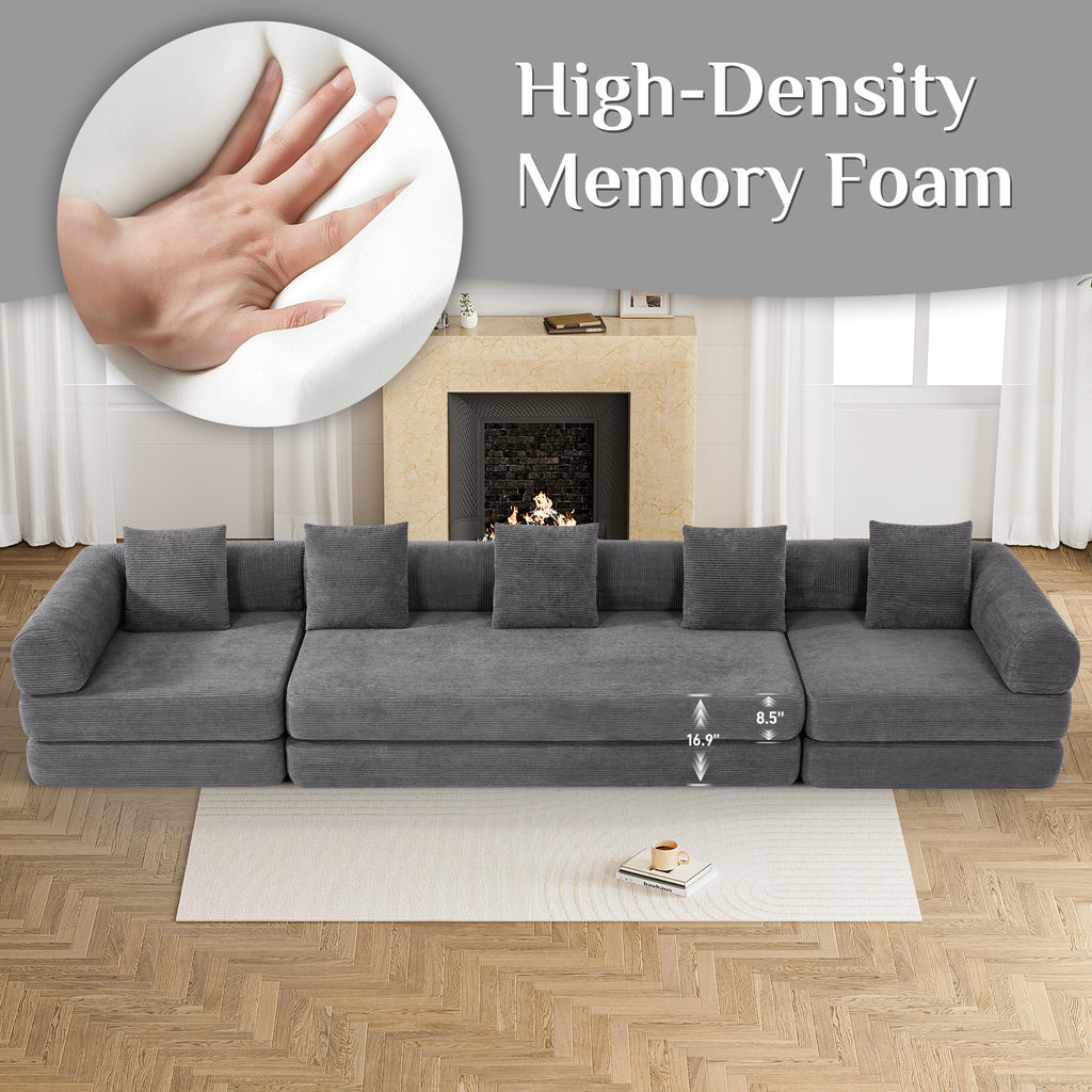157" Convertible Sleeper Sofa Bed,Corduroy Futon Sofa Couch with High-Density Foam,Deep Seat Sofa for Living Room, Bedroom,Gray