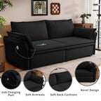  Pull Out Sofa Bed Queen Size, 85" Loveseat Sofa with Movable Ottoman, USB Charging Port, Corduroy Sofa Couch Convertible Sofa Bed for Living Room Black